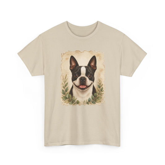 Boston Terrier Portrait Tee — Vintage Floral Dog Art T-Shirt