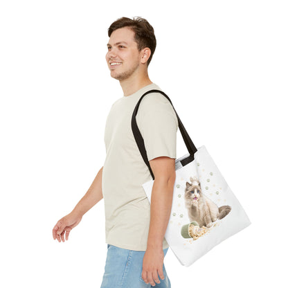 Cute Ragdoll Cat Tote Bag — Floral Crown Kitty with Spilled Popcorn All-Over Print