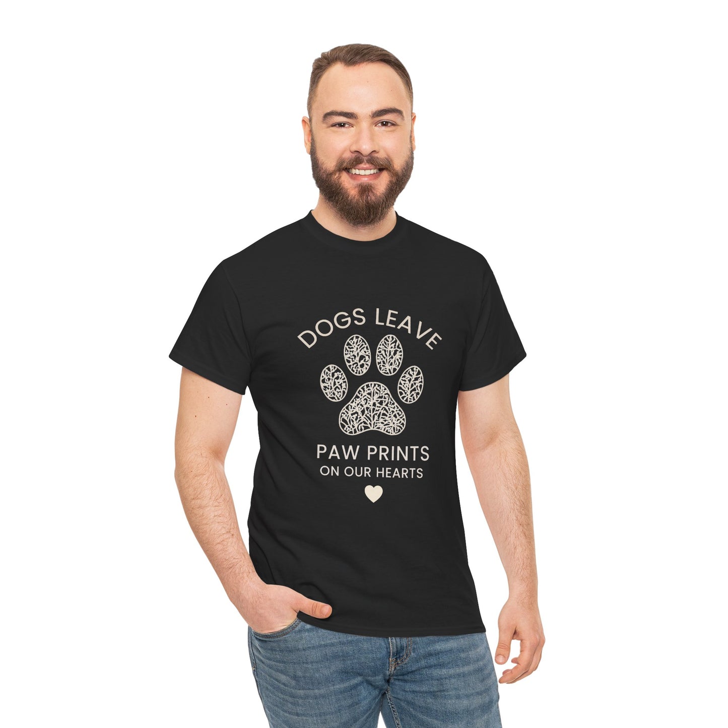 Dog Paw Prints Memorial T-Shirt — "Dogs Leave Paw Prints on Our Hearts"