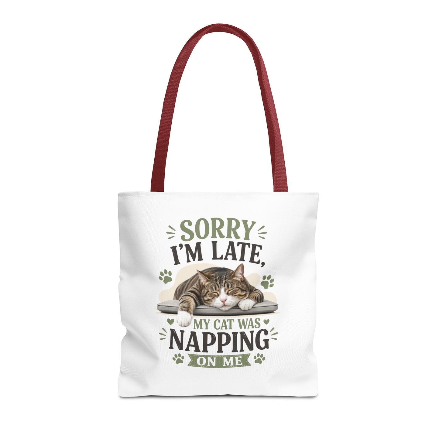 Sorry I'm Late Cat Tote Bag — Funny Cat Lover Canvas Tote (My Cat Was Napping on Me)