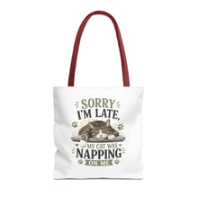 Sorry I’m Late My Cat Was Napping Tote Bag — Cute Cat Lover Canvas Tote