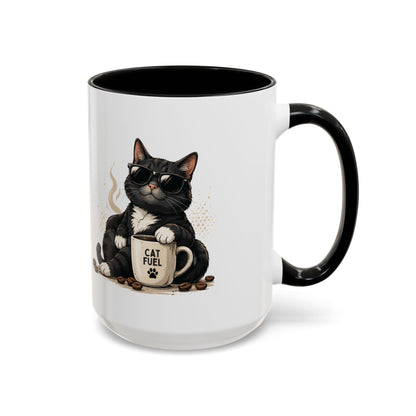 Cat Fuel Coffee Mug — Cute Black Cat Holding ‘Cat Fuel’ Cup, Funny Cat Lover Gift