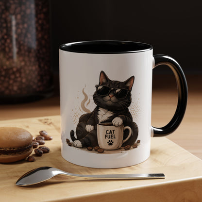 Cat Fuel Coffee Mug — Cute Black Cat Holding ‘Cat Fuel’ Cup, Funny Cat Lover Gift