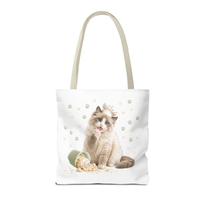 Cute Ragdoll Cat Tote Bag — Floral Crown Kitty with Spilled Popcorn All-Over Print