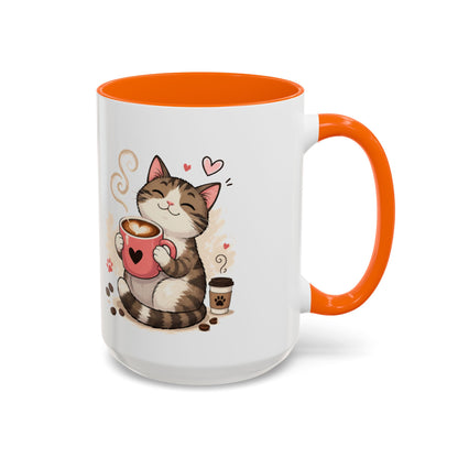 Cat Coffee Mug — "Cat & Coffee" Cute Kitty Design, 11/15oz Accent Ceramic Mug
