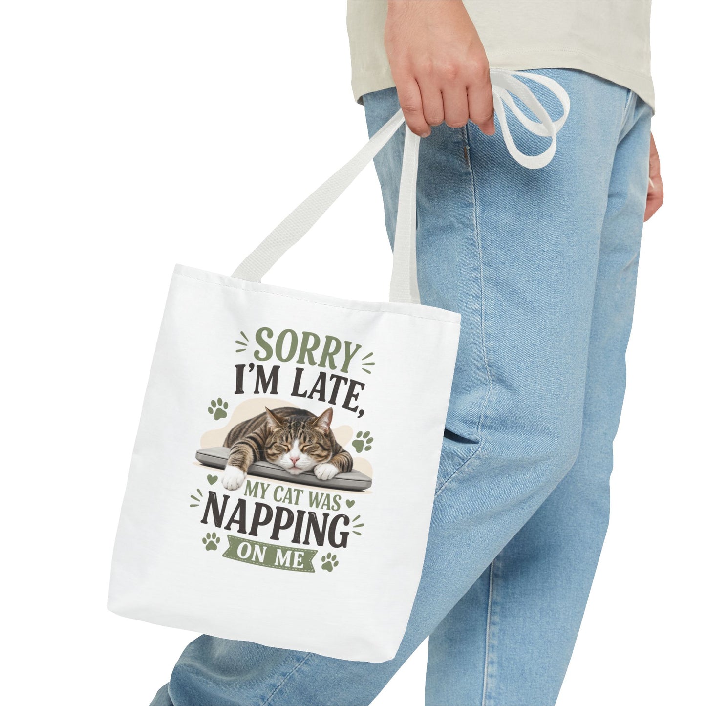 Sorry I'm Late Cat Tote Bag — Funny Cat Lover Canvas Tote (My Cat Was Napping on Me)