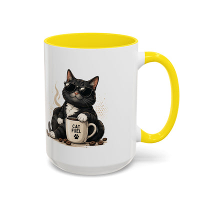 Cat Fuel Coffee Mug — Cute Black Cat Holding ‘Cat Fuel’ Cup, Funny Cat Lover Gift