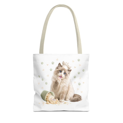Cute Ragdoll Cat Tote Bag — Floral Crown Kitty with Spilled Popcorn All-Over Print