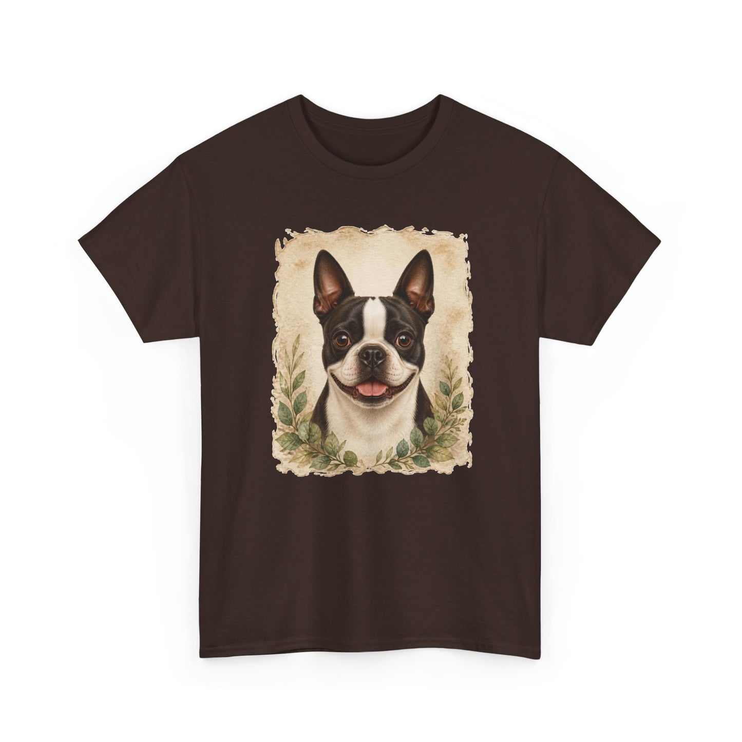 Boston Terrier Portrait Tee — Vintage Floral Dog Art T-Shirt
