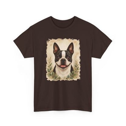 Boston Terrier Portrait Tee — Vintage Floral Dog Art T-Shirt