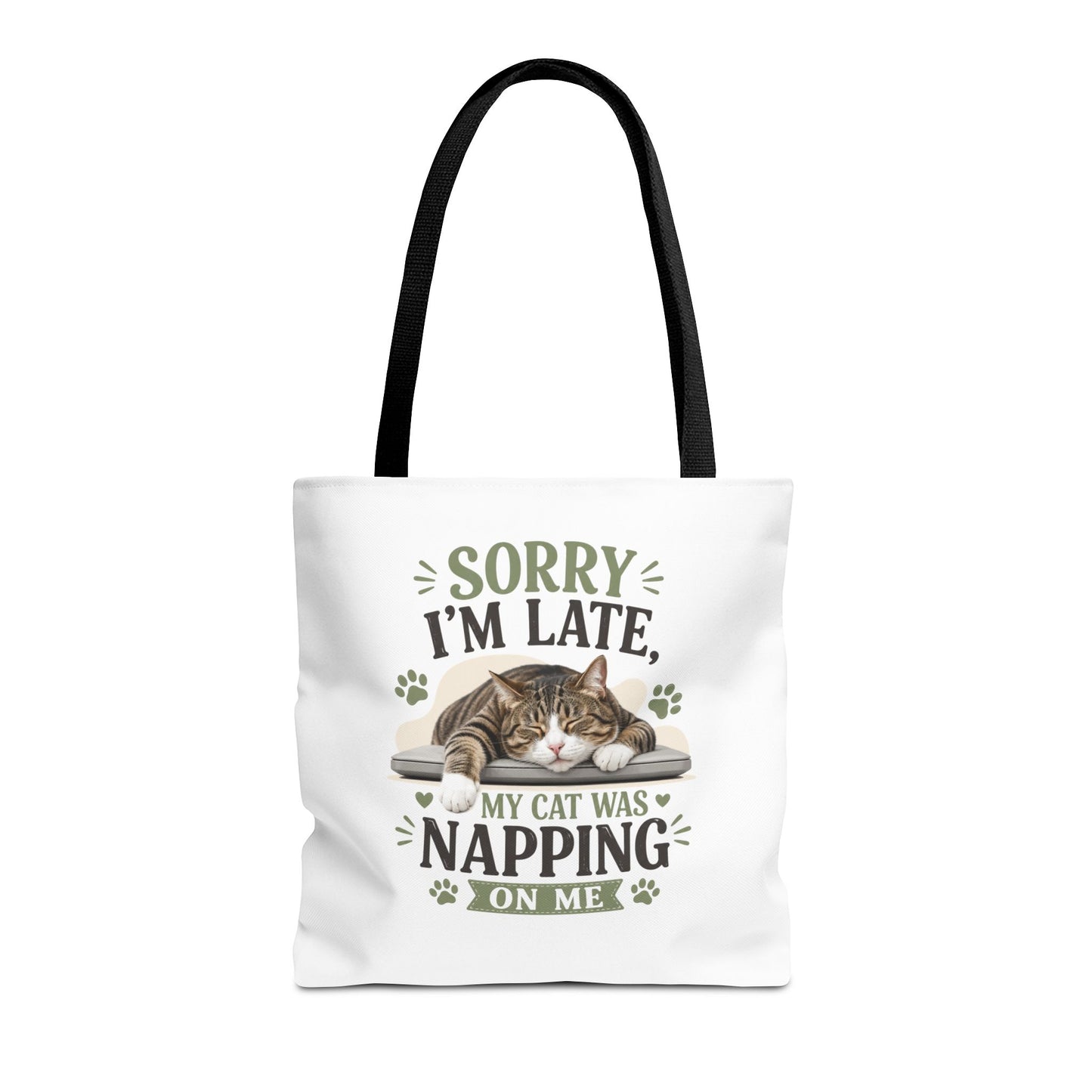 Sorry I'm Late Cat Tote Bag — Funny Cat Lover Canvas Tote (My Cat Was Napping on Me)
