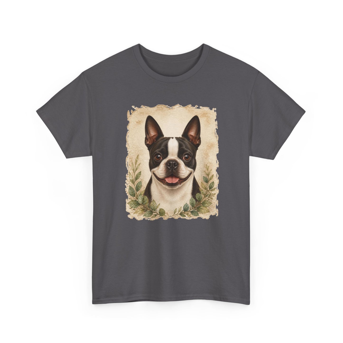 Boston Terrier Portrait Tee — Vintage Floral Dog Art T-Shirt