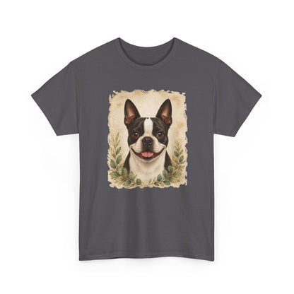 Boston Terrier Portrait Tee — Vintage Floral Dog Art T-Shirt
