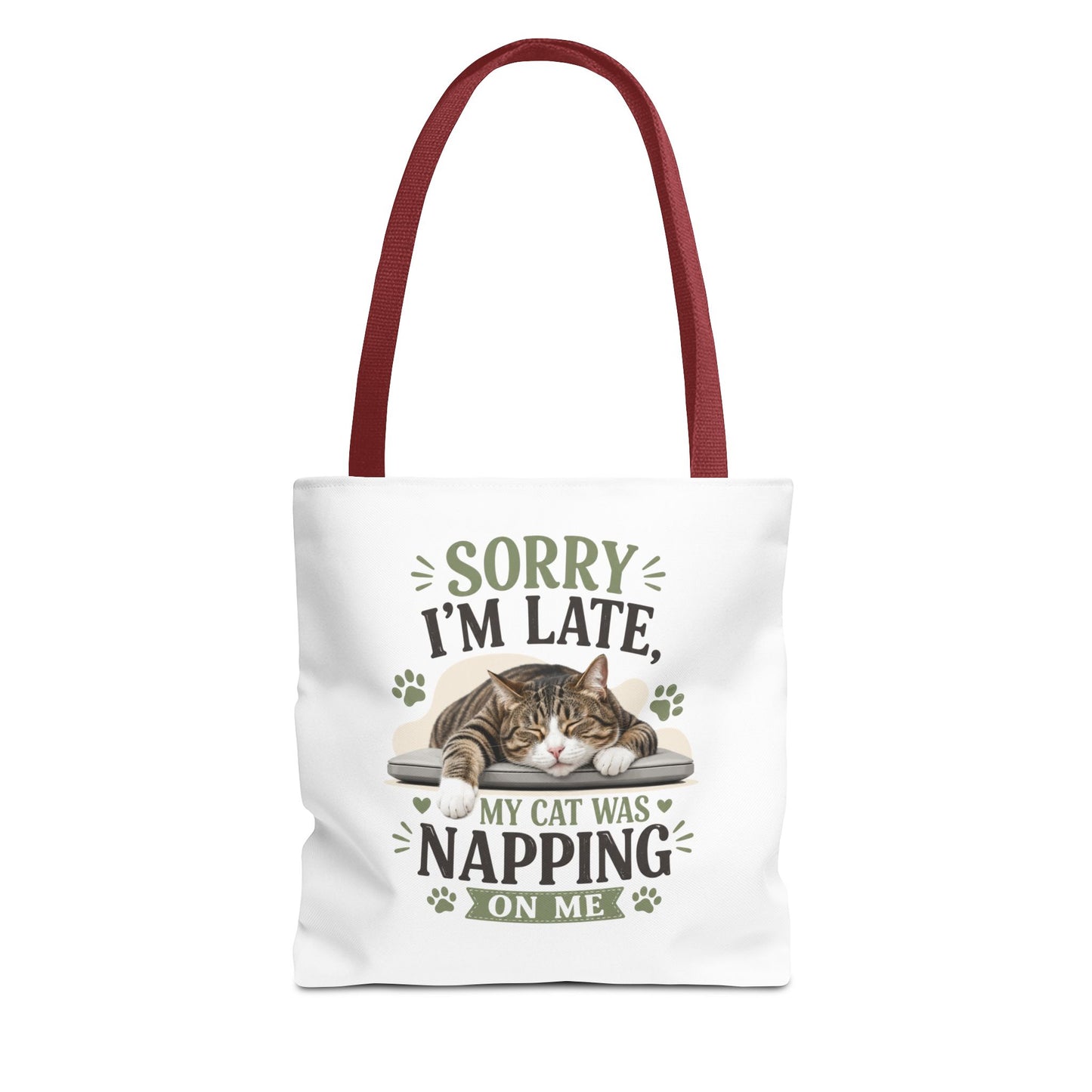 Sorry I'm Late Cat Tote Bag — Funny Cat Lover Canvas Tote (My Cat Was Napping on Me)