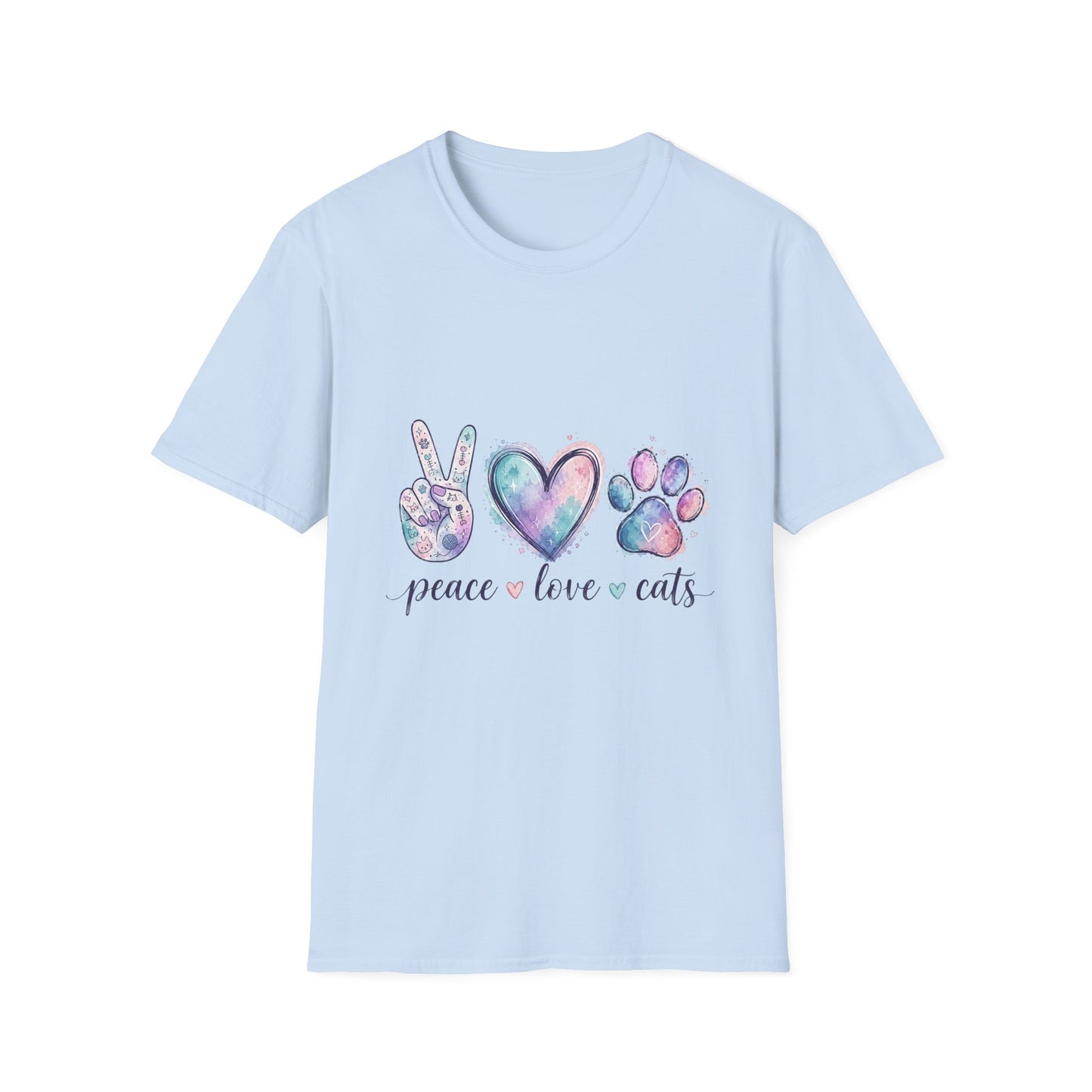 Peace Love Cats T-Shirt — Watercolor Paw & Peace Sign Tee for Cat Lovers