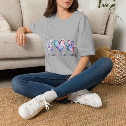 Peace Love Cats T-Shirt — Watercolor Paw & Peace Sign Tee for Cat Lovers