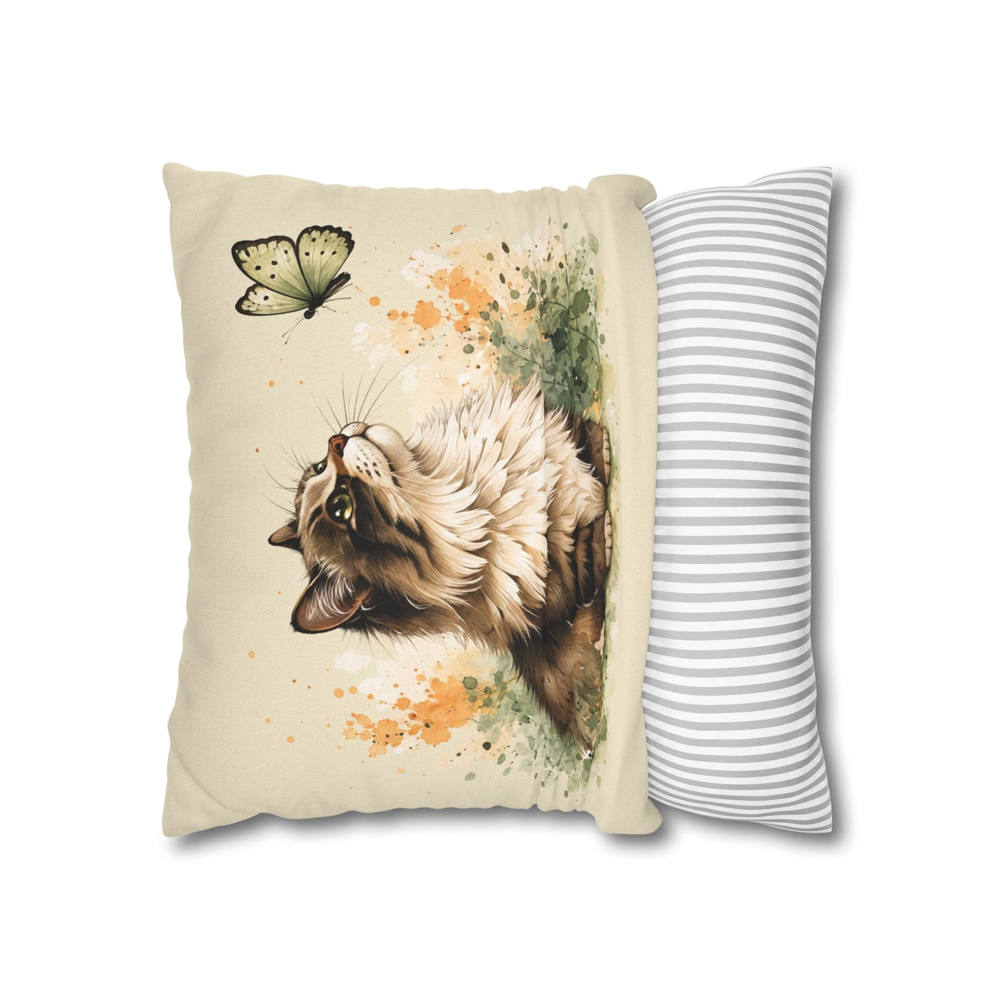Floral Tabby Cat & Butterfly Decorative Pillowcase