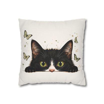 Peeking Black Cat Pillowcase — Cute Cat & Butterflies Decorative Throw Pillow