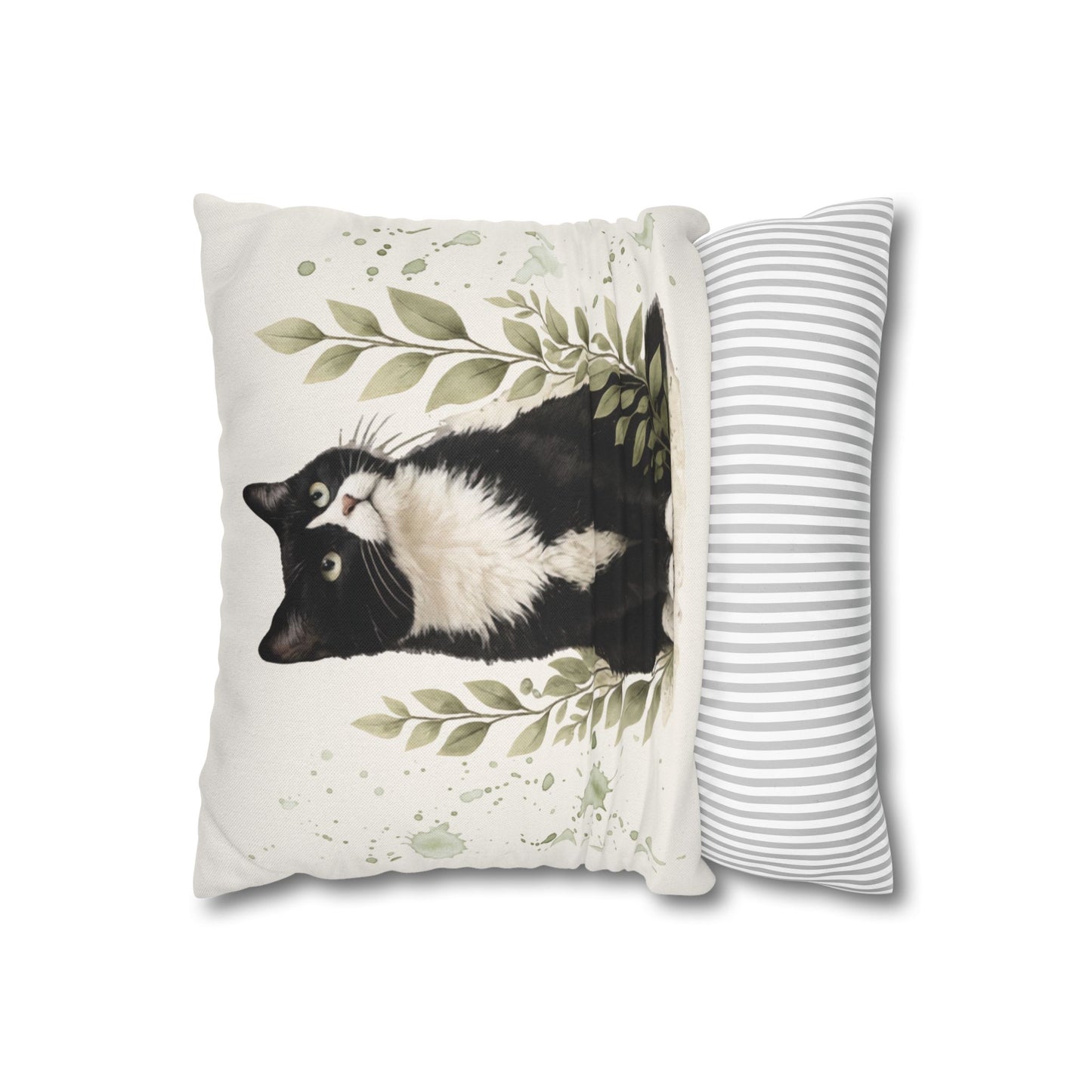 Tuxedo Cat Decorative Throw Pillowcase — Watercolor Botanical Accent for Cat Lovers
