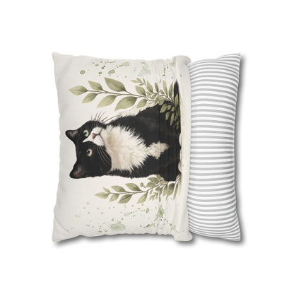 Tuxedo Cat Decorative Throw Pillowcase — Watercolor Botanical Accent for Cat Lovers