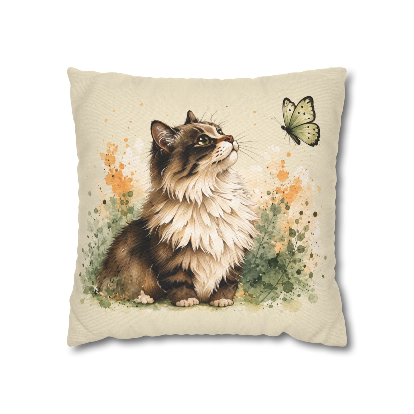 Floral Tabby Cat & Butterfly Decorative Pillowcase