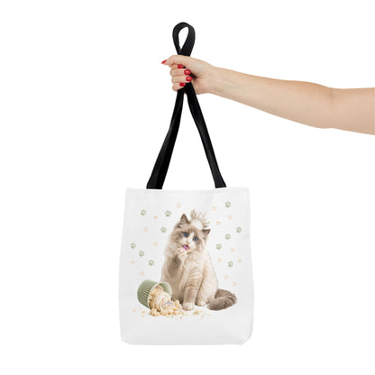 Cute Ragdoll Cat Tote Bag — Floral Crown Kitty with Spilled Popcorn All-Over Print