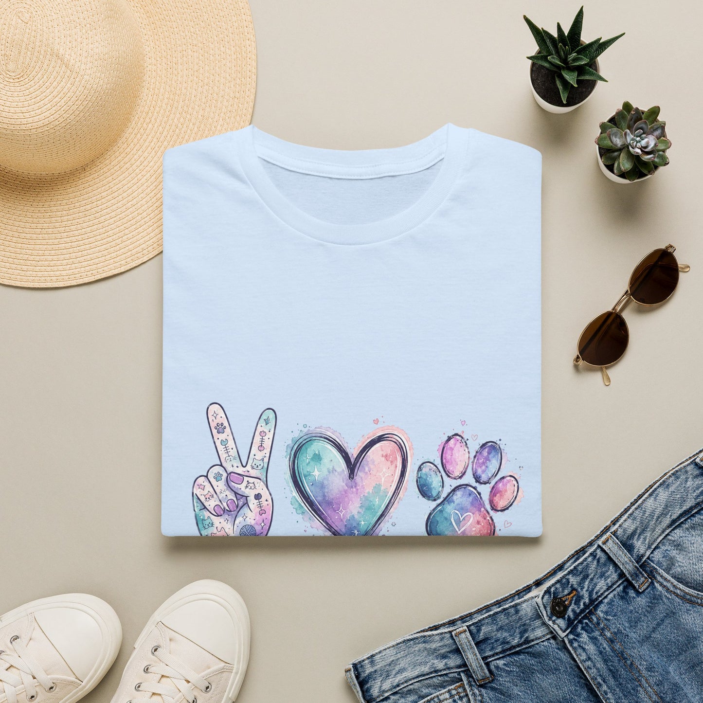 Peace Love Cats T-Shirt — Watercolor Paw & Peace Sign Tee for Cat Lovers