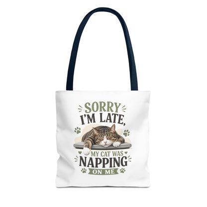 Sorry I'm Late Cat Tote Bag — Funny Cat Lover Canvas Tote (My Cat Was Napping on Me)
