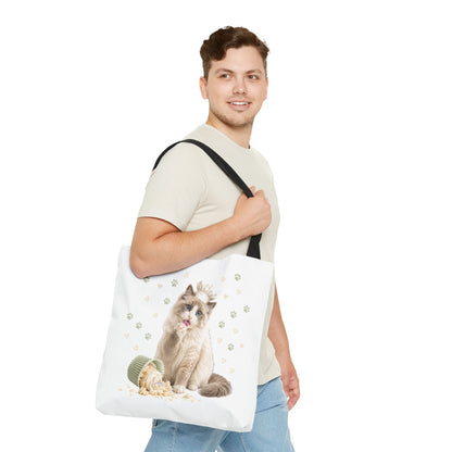 Cute Ragdoll Cat Tote Bag — Floral Crown Kitty with Spilled Popcorn All-Over Print