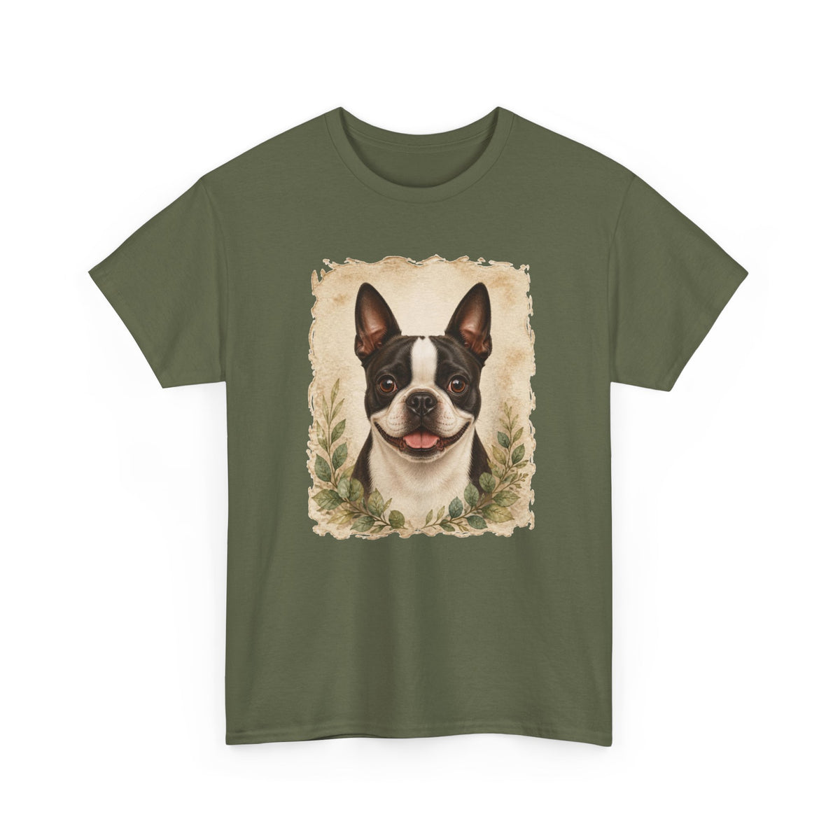 Boston Terrier Portrait Tee — Vintage Floral Dog Art T-Shirt