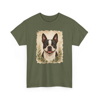 Boston Terrier Portrait Tee — Vintage Floral Dog Art T-Shirt