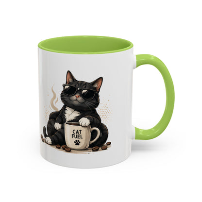 Cat Fuel Coffee Mug — Cute Black Cat Holding ‘Cat Fuel’ Cup, Funny Cat Lover Gift