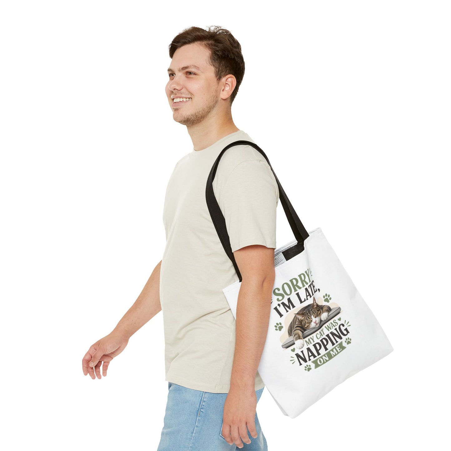 Sorry I'm Late Cat Tote Bag — Funny Cat Lover Canvas Tote (My Cat Was Napping on Me)