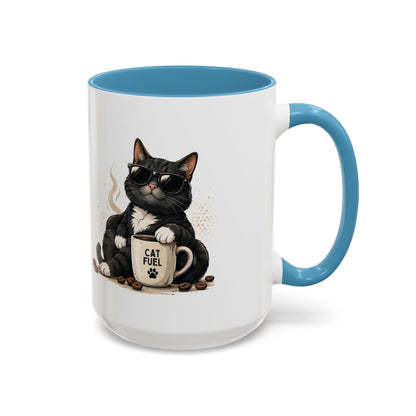 Cat Fuel Coffee Mug — Cute Black Cat Holding ‘Cat Fuel’ Cup, Funny Cat Lover Gift