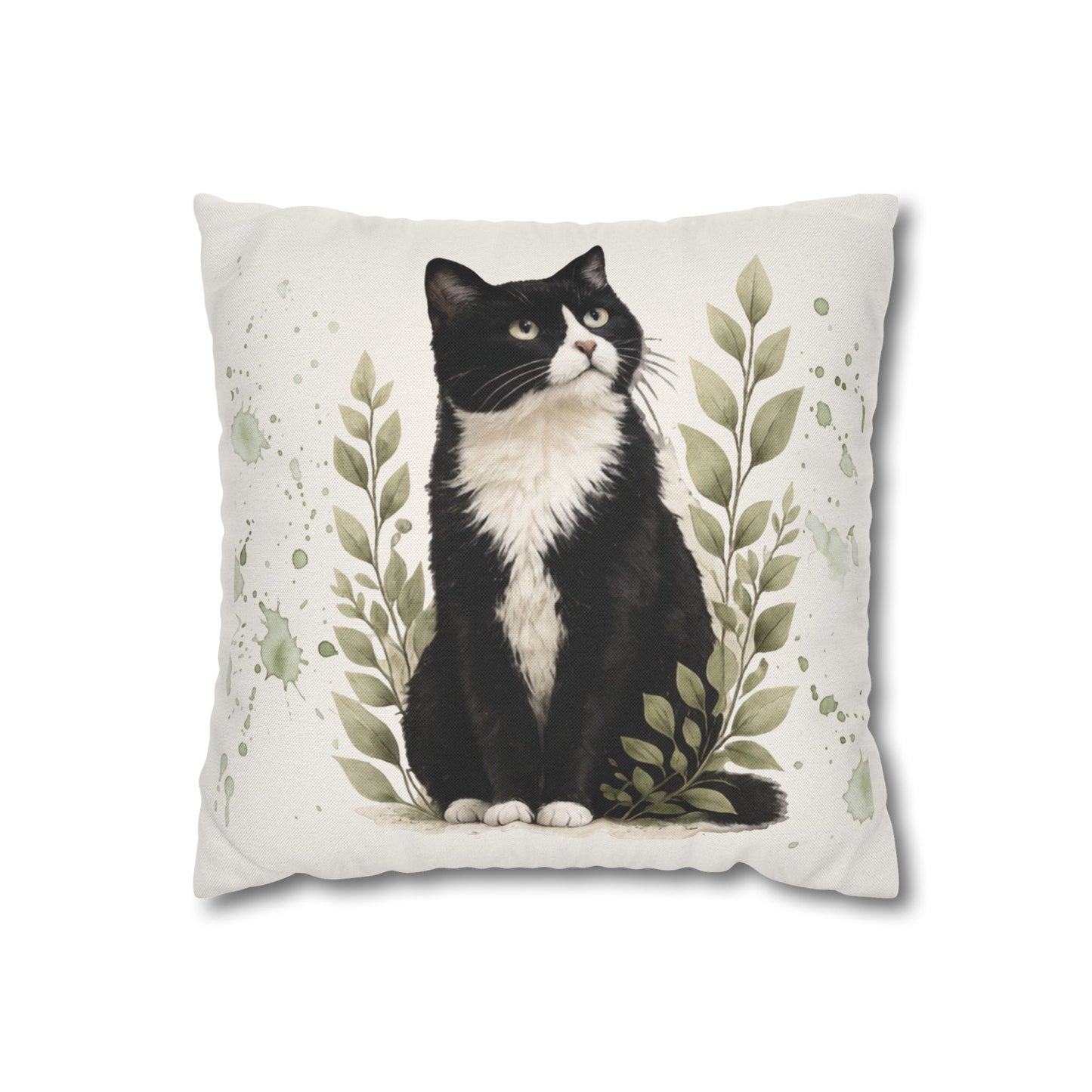Tuxedo Cat Decorative Throw Pillowcase — Watercolor Botanical Accent for Cat Lovers