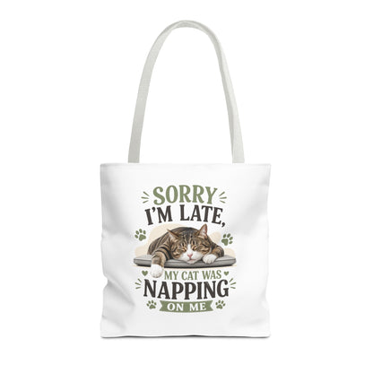 Sorry I'm Late Cat Tote Bag — Funny Cat Lover Canvas Tote (My Cat Was Napping on Me)