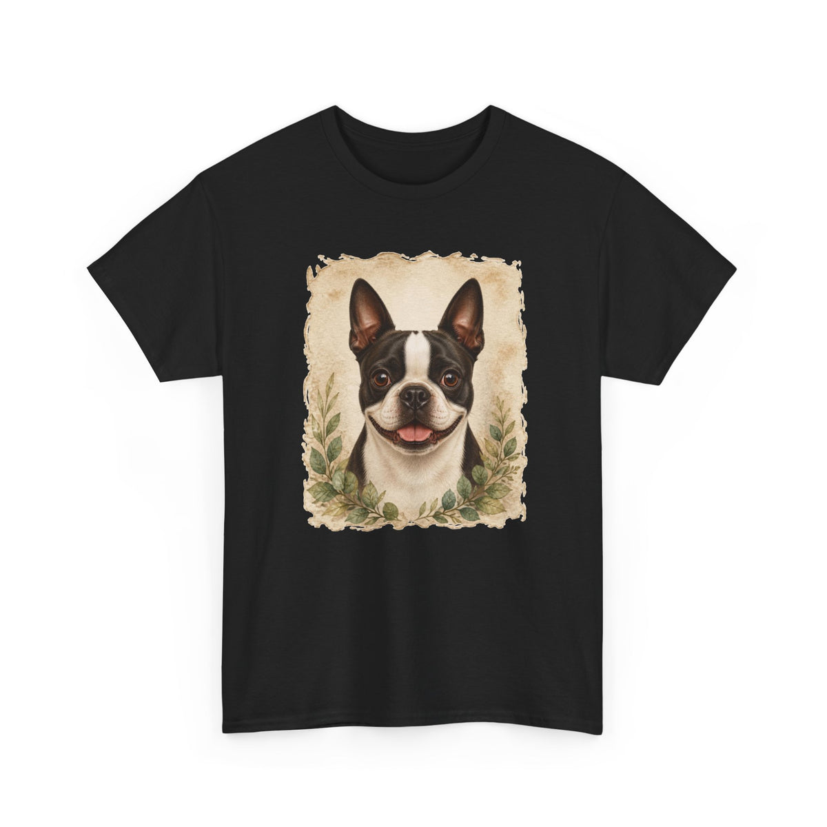 Boston Terrier Portrait Tee — Vintage Floral Dog Art T-Shirt