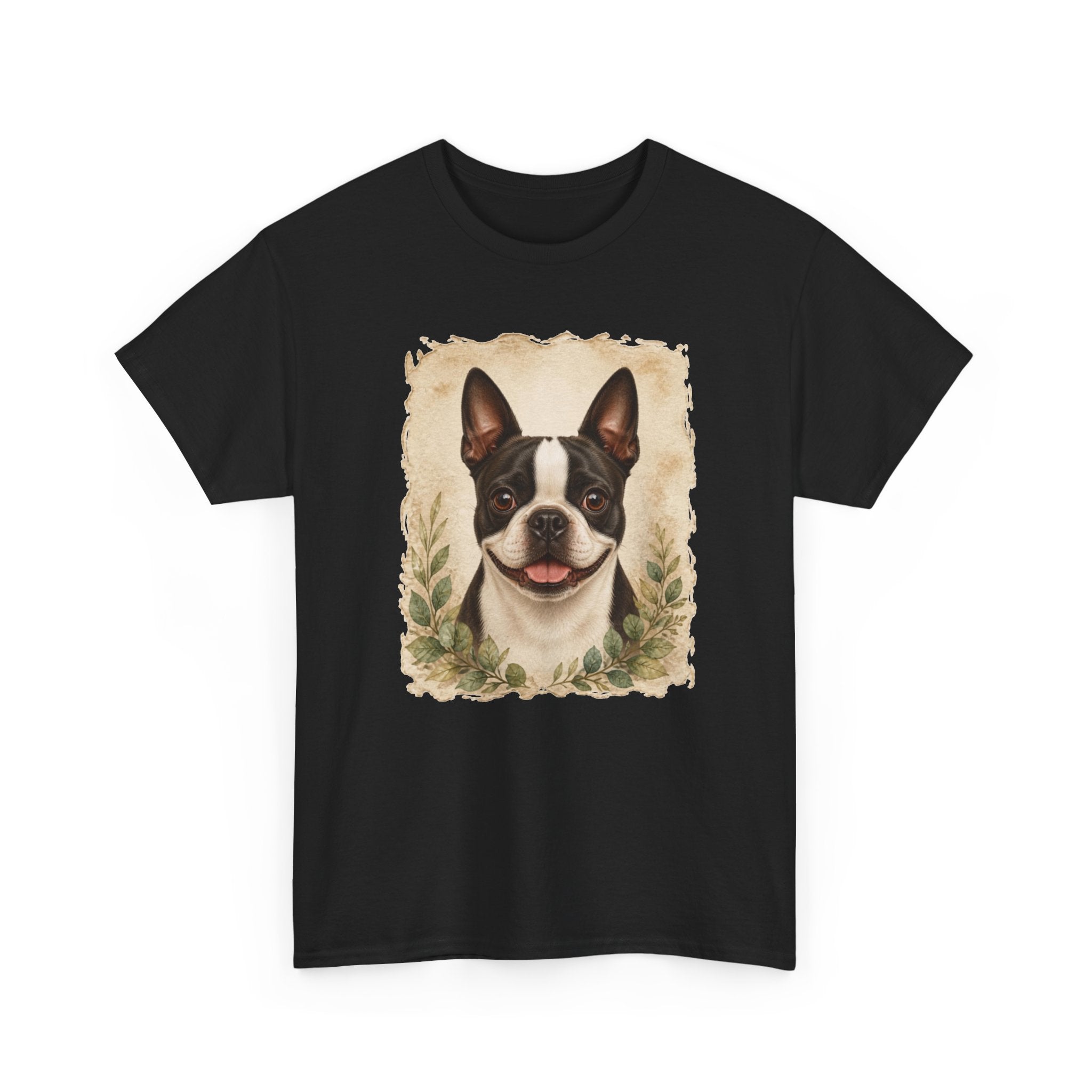 Boston Terrier Portrait Tee — Vintage Floral Dog Art T-Shirt