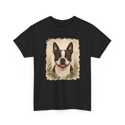 Boston Terrier Portrait Tee — Vintage Floral Dog Art T-Shirt