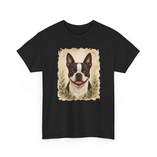 Boston Terrier Portrait Tee — Vintage Floral Dog Art T-Shirt