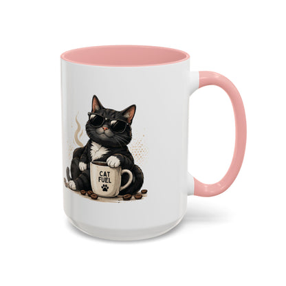 Cat Fuel Coffee Mug — Cute Black Cat Holding ‘Cat Fuel’ Cup, Funny Cat Lover Gift