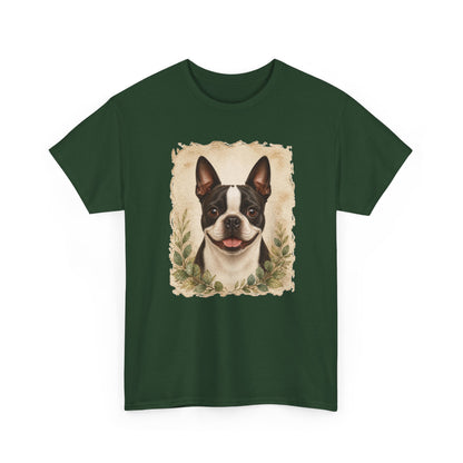 Boston Terrier Portrait Tee — Vintage Floral Dog Art T-Shirt