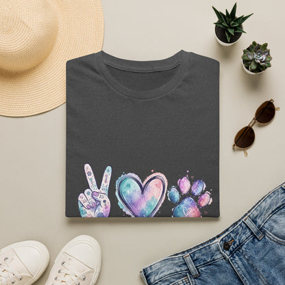 Peace Love Cats T-Shirt — Watercolor Paw & Peace Sign Tee for Cat Lovers