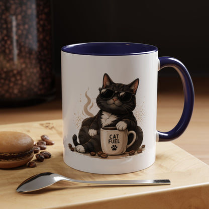 Cat Fuel Coffee Mug — Cute Black Cat Holding ‘Cat Fuel’ Cup, Funny Cat Lover Gift