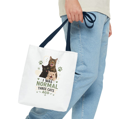 Cat Lover Tote Bag — “I Was Normal Three Cats Ago” Canvas Bag