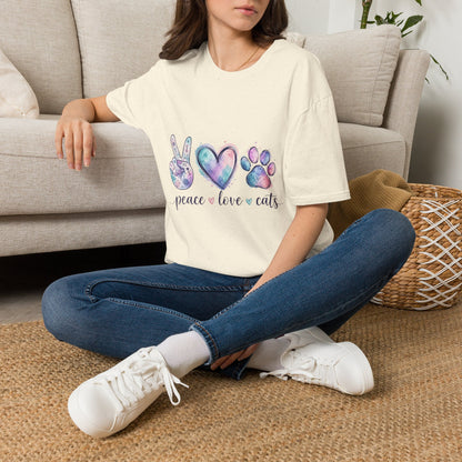 Peace Love Cats T-Shirt — Watercolor Paw & Peace Sign Tee for Cat Lovers