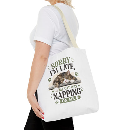 Sorry I'm Late Cat Tote Bag — Funny Cat Lover Canvas Tote (My Cat Was Napping on Me)