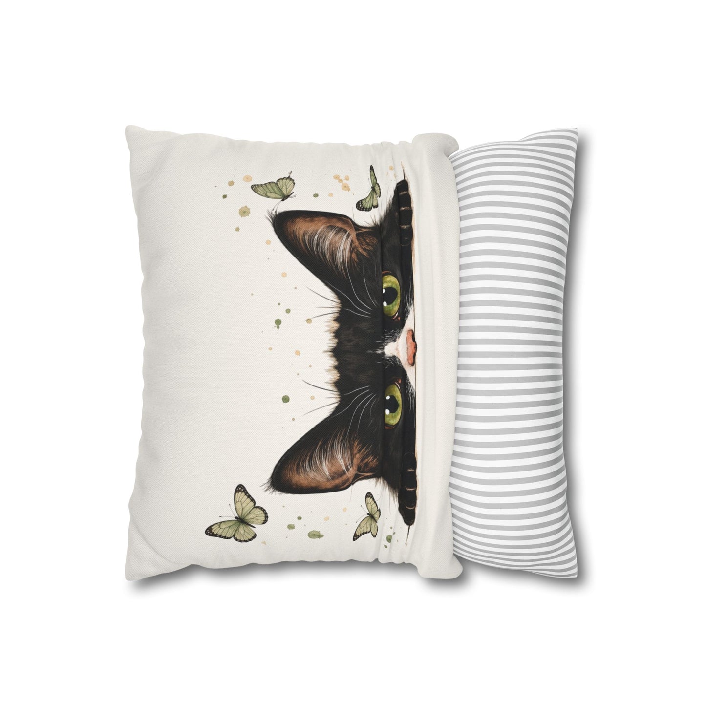 Peeking Black Cat Pillowcase — Cute Cat & Butterflies Decorative Throw Pillow