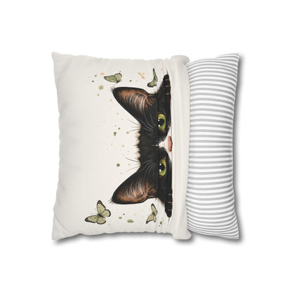 Peeking Black Cat Pillowcase — Cute Cat & Butterflies Decorative Throw Pillow