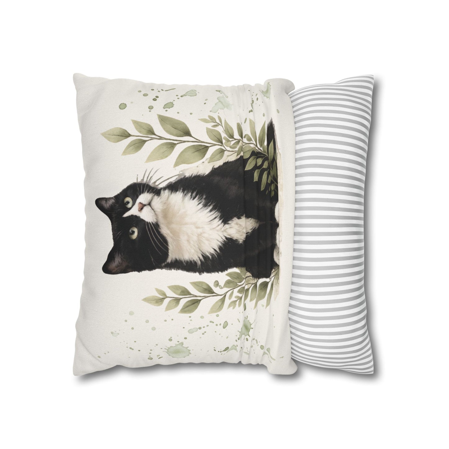 Tuxedo Cat Decorative Throw Pillowcase — Watercolor Botanical Accent for Cat Lovers